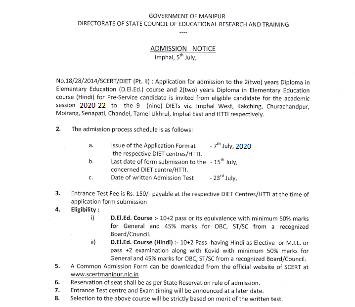 DIET Manipur Application Form 2020 SCERT D.El.Ed Admission Eligibility in Manipur